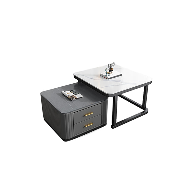 Modern Square Stone Coffee Table with Drawers 2 Nesting Cocktail Table Set