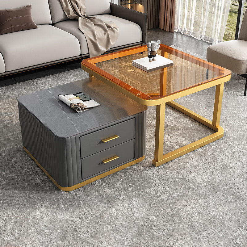 Modern Square Stone Coffee Table with Drawers 2 Nesting Cocktail Table Set