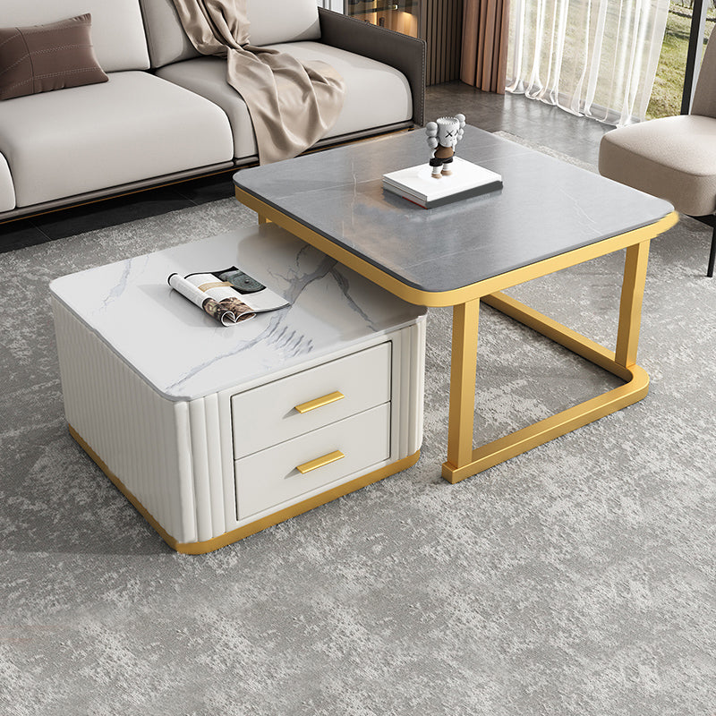Modern Square Stone Coffee Table with Drawers 2 Nesting Cocktail Table Set