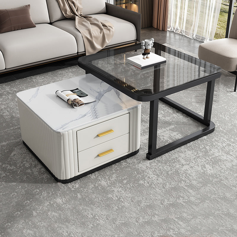 Modern Square Stone Coffee Table with Drawers 2 Nesting Cocktail Table Set