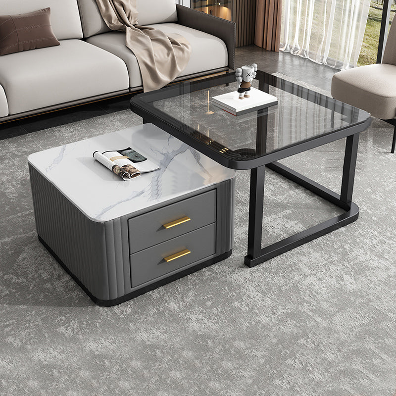 Modern Square Stone Coffee Table with Drawers 2 Nesting Cocktail Table Set