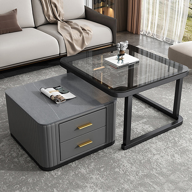 Modern Square Stone Coffee Table with Drawers 2 Nesting Cocktail Table Set