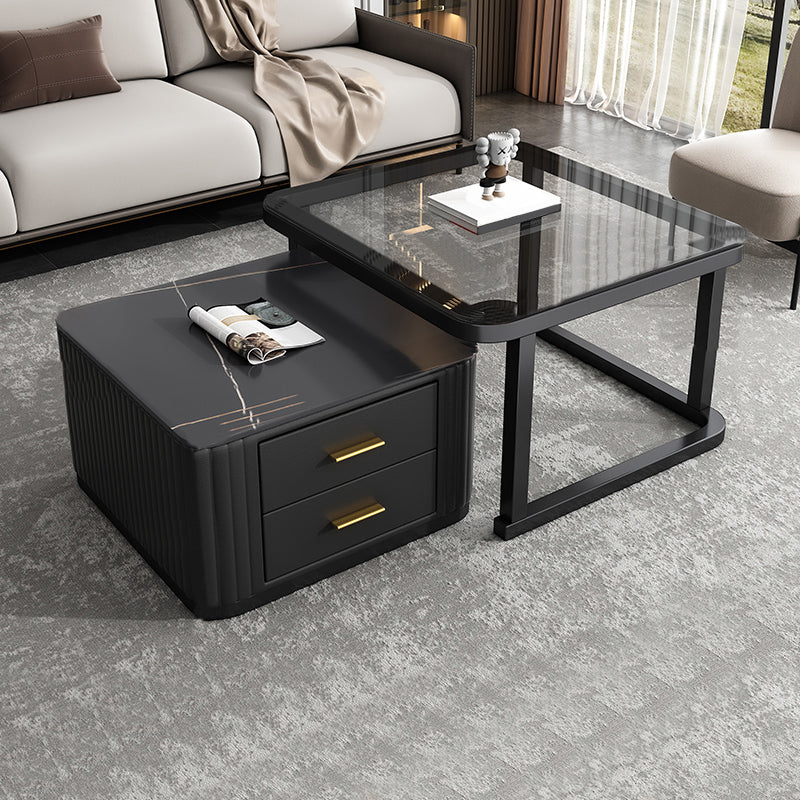 Modern Square Stone Coffee Table with Drawers 2 Nesting Cocktail Table Set