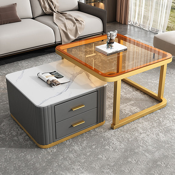 Modern Square Stone Coffee Table with Drawers 2 Nesting Cocktail Table Set