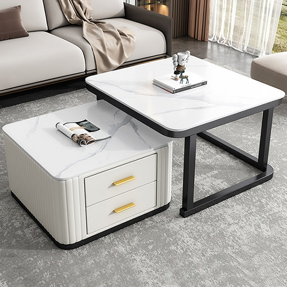 Modern Square Stone Coffee Table with Drawers 2 Nesting Cocktail Table Set