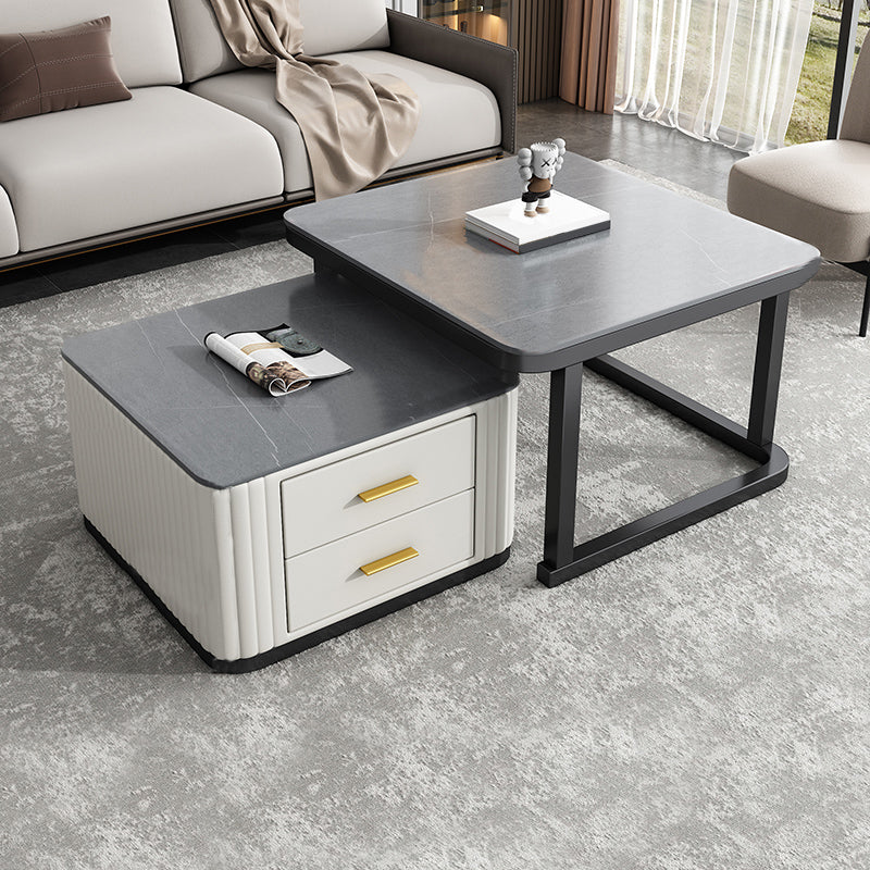 Modern Square Stone Coffee Table with Drawers 2 Nesting Cocktail Table Set