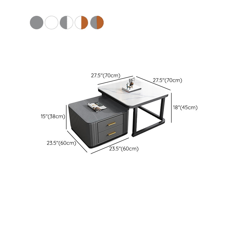Modern Square Stone Coffee Table with Drawers 2 Nesting Cocktail Table Set