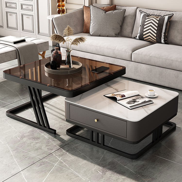Square Slate Frame Cocktail Table with Drawers 2 Nesting Coffee Table Set