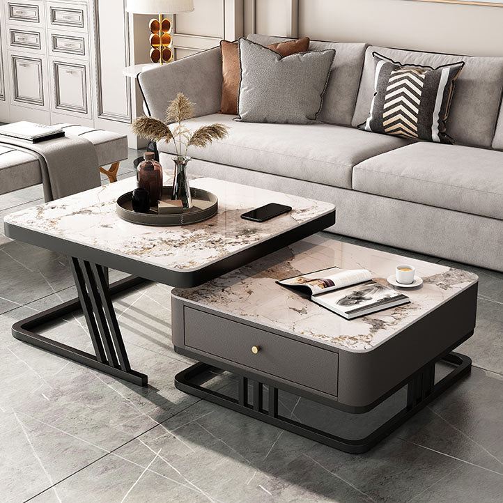 Square Slate Frame Cocktail Table with Drawers 2 Nesting Coffee Table Set