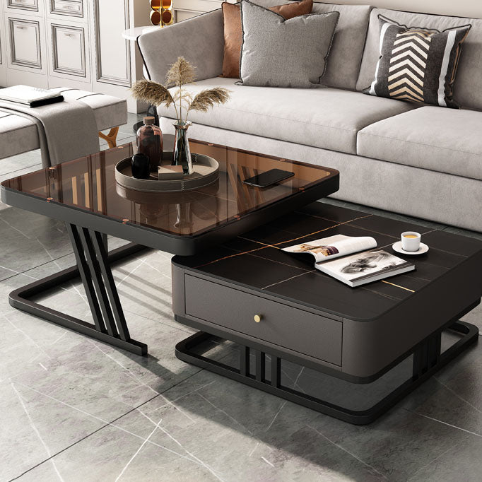 Square Slate Frame Cocktail Table with Drawers 2 Nesting Coffee Table Set