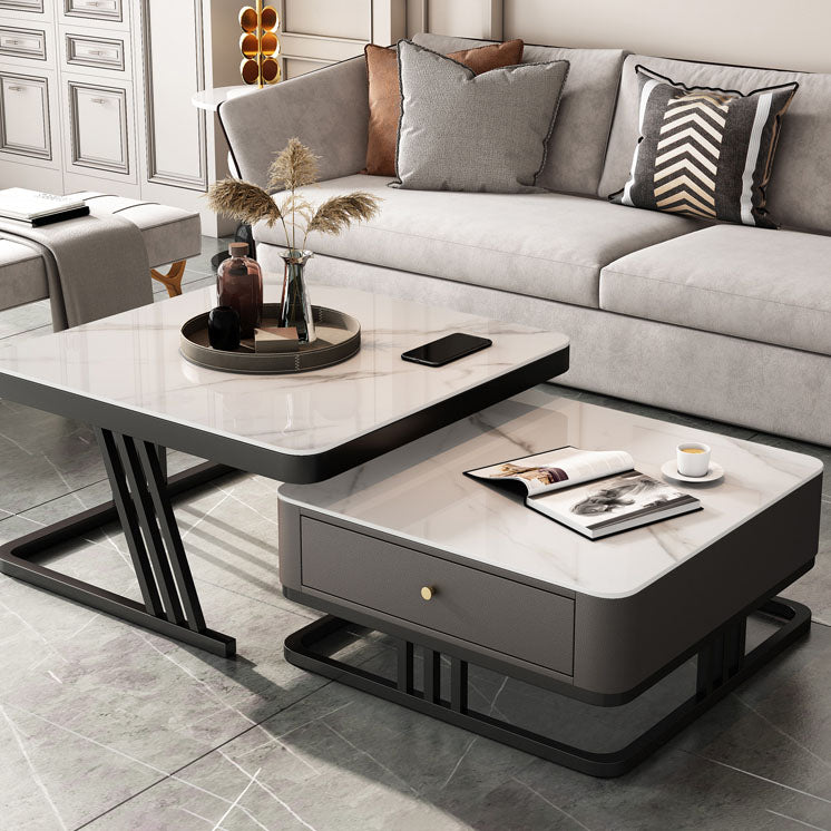 Square Slate Frame Cocktail Table with Drawers 2 Nesting Coffee Table Set
