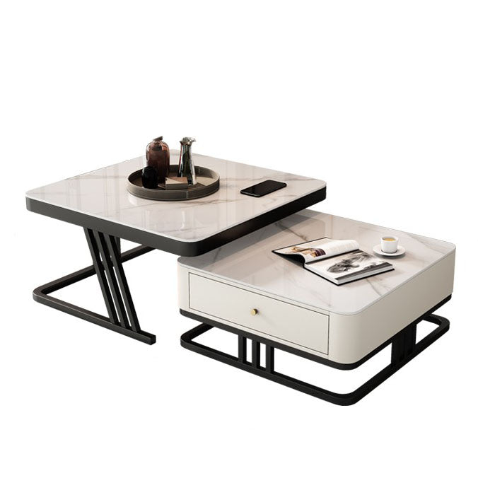 Square Slate Frame Cocktail Table with Drawers 2 Nesting Coffee Table Set