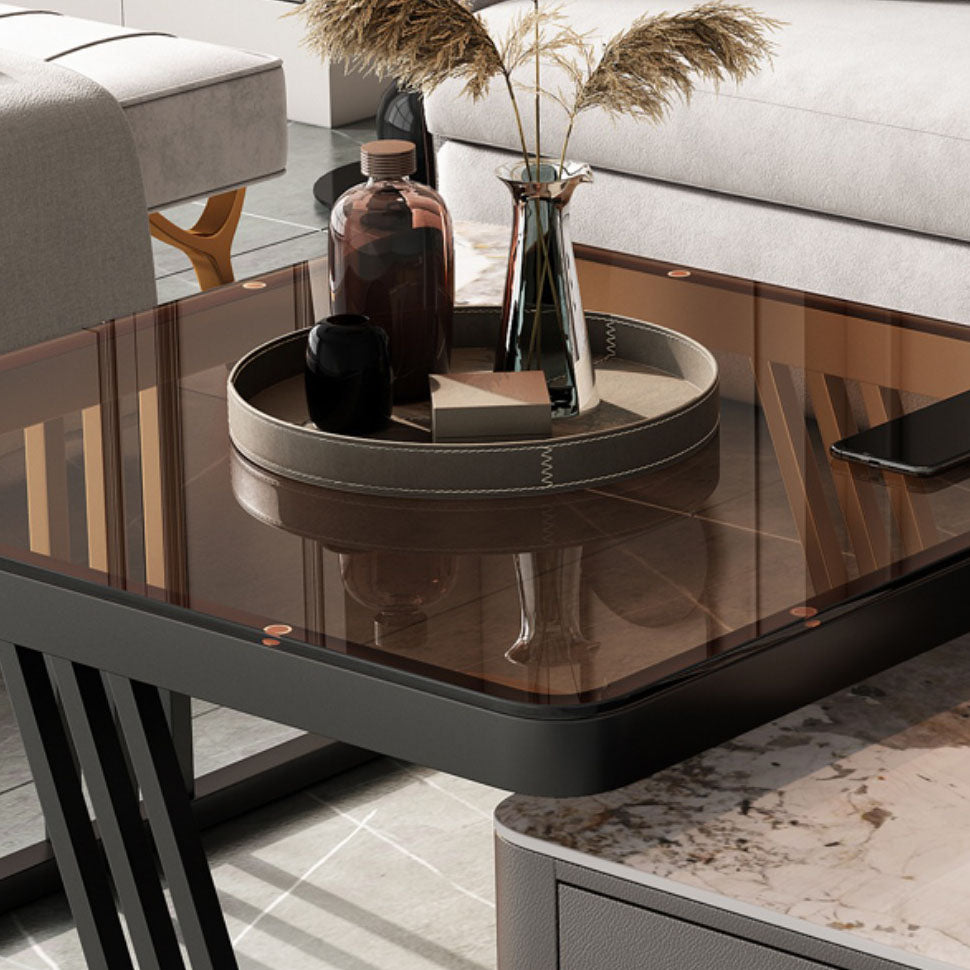 Square Slate Frame Cocktail Table with Drawers 2 Nesting Coffee Table Set
