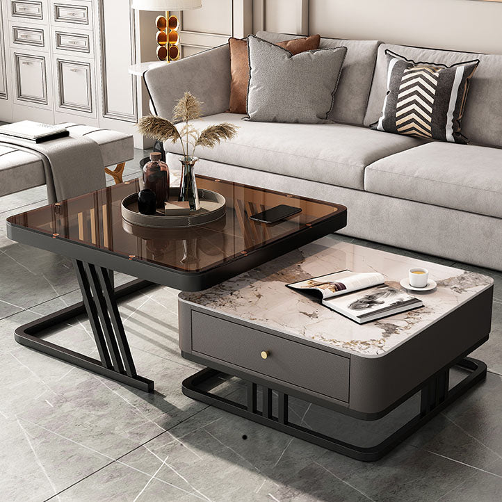 Square Slate Frame Cocktail Table with Drawers 2 Nesting Coffee Table Set