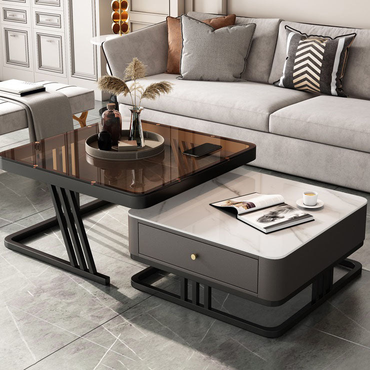 Square Slate Frame Cocktail Table with Drawers 2 Nesting Coffee Table Set