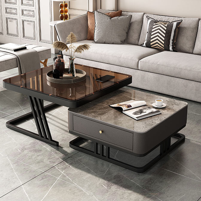 Square Slate Frame Cocktail Table with Drawers 2 Nesting Coffee Table Set