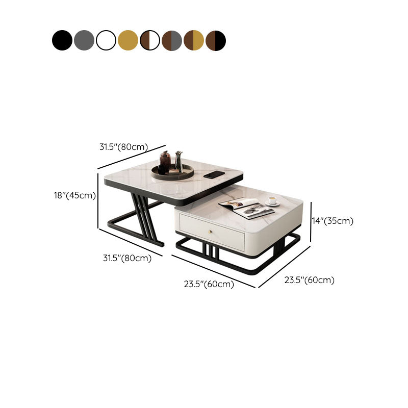 Square Slate Frame Cocktail Table with Drawers 2 Nesting Coffee Table Set