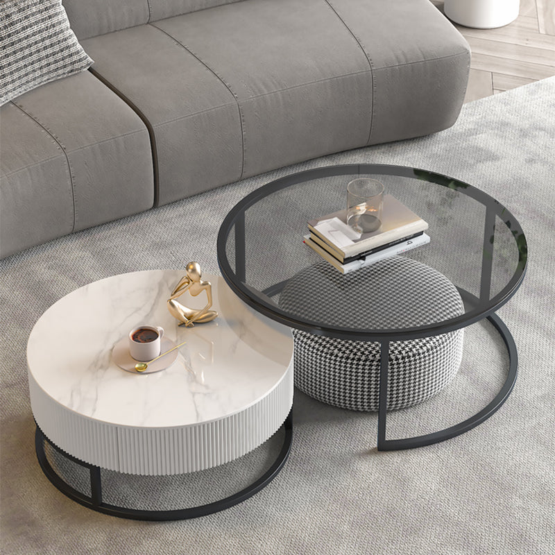 Frame Coffee Table Glass Top Cocktail Table with Storage Drawers