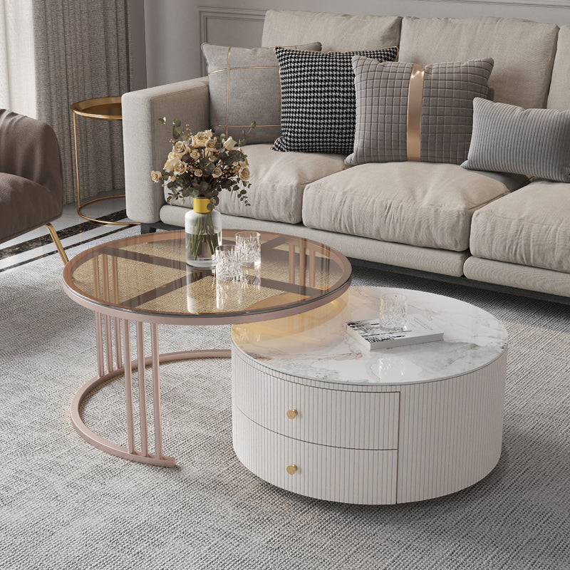 Glam Nesting Coffee Table Set Drum Round Slate Coffee Table with Drawers