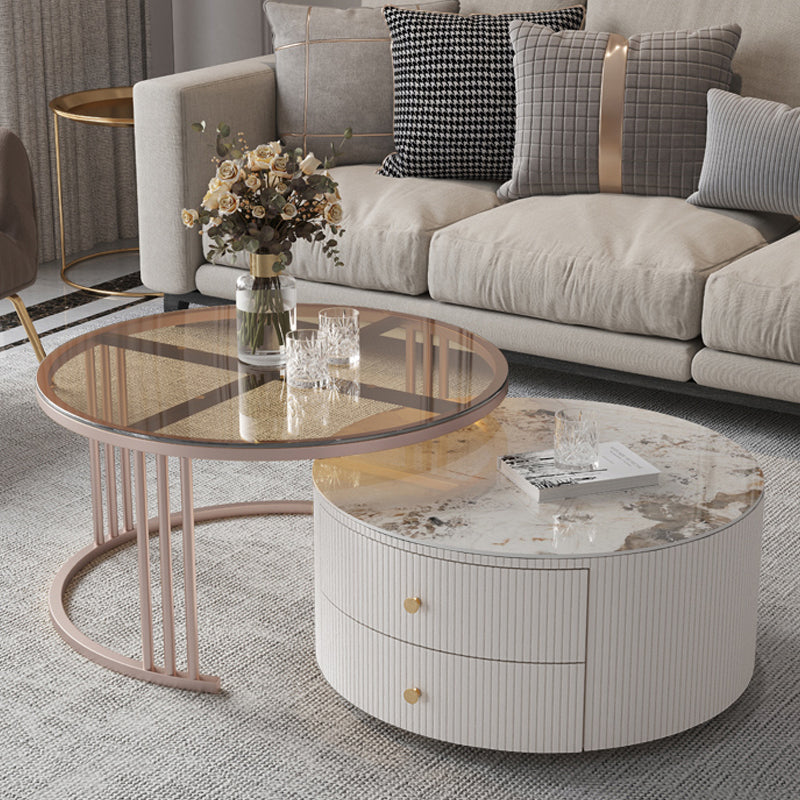 Glam Nesting Coffee Table Set Drum Round Slate Coffee Table with Drawers