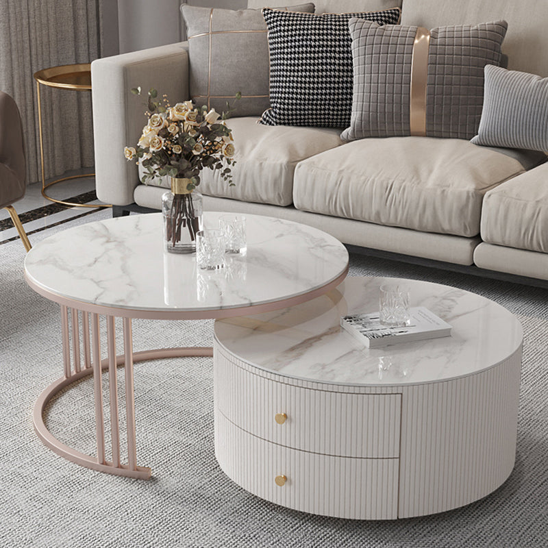 Glam Nesting Coffee Table Set Drum Round Slate Coffee Table with Drawers