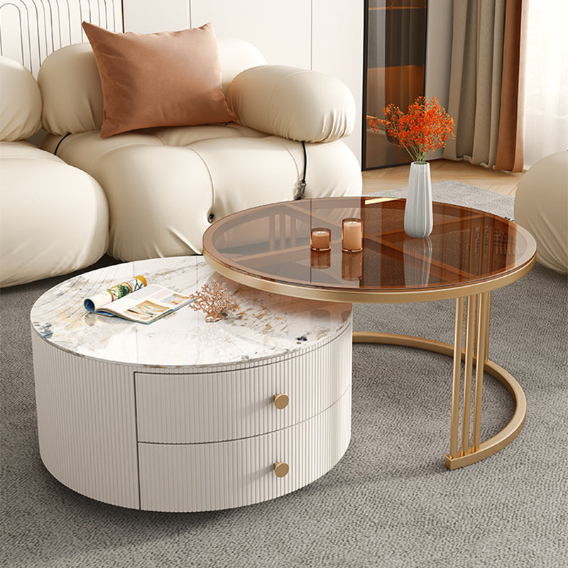 Glam Nesting Coffee Table Set Frame Round Slate Coffee Table with Drawers