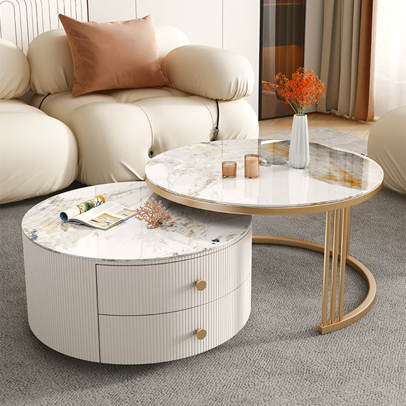 Glam Nesting Coffee Table Set Frame Round Slate Coffee Table with Drawers