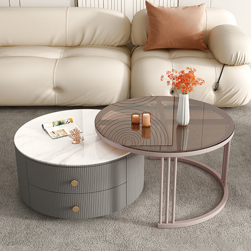 Glam Nesting Coffee Table Set Frame Round Slate Coffee Table with Drawers