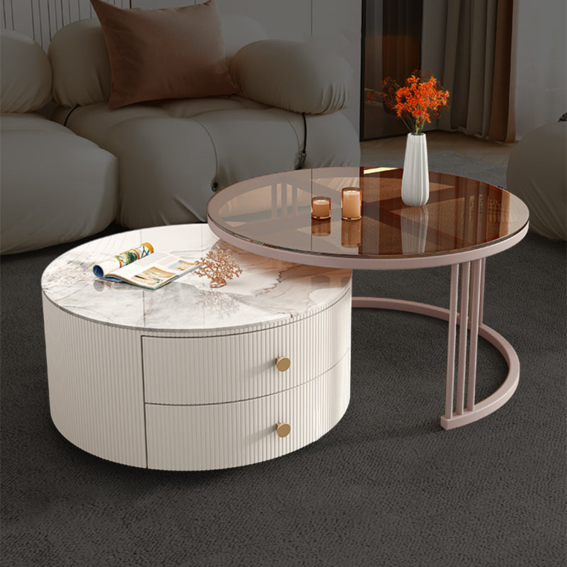 Glam Nesting Coffee Table Set Frame Round Slate Coffee Table with Drawers