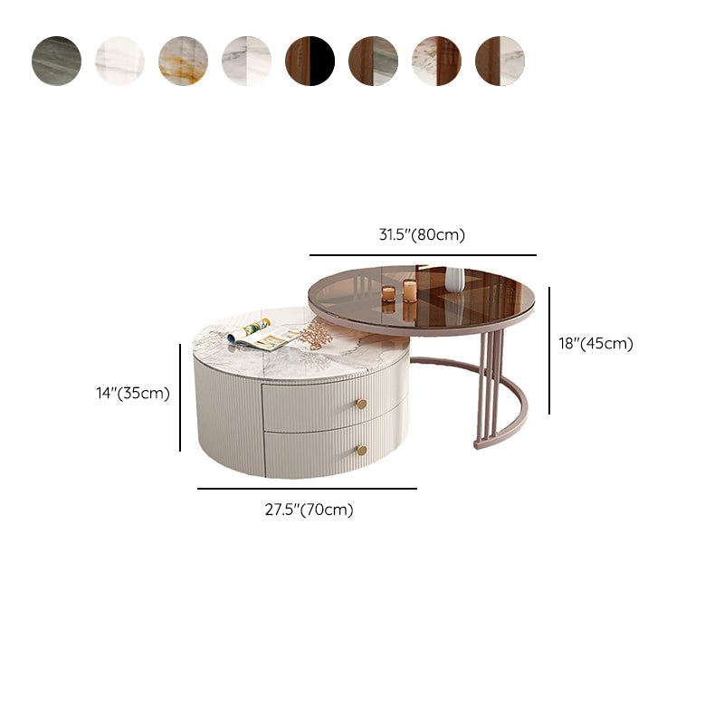 Glam Nesting Coffee Table Set Frame Round Slate Coffee Table with Drawers
