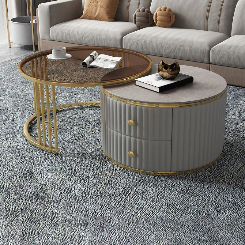 Slate and Metal Coffee Table Frame Nesting Coffee Table Set with Drawers