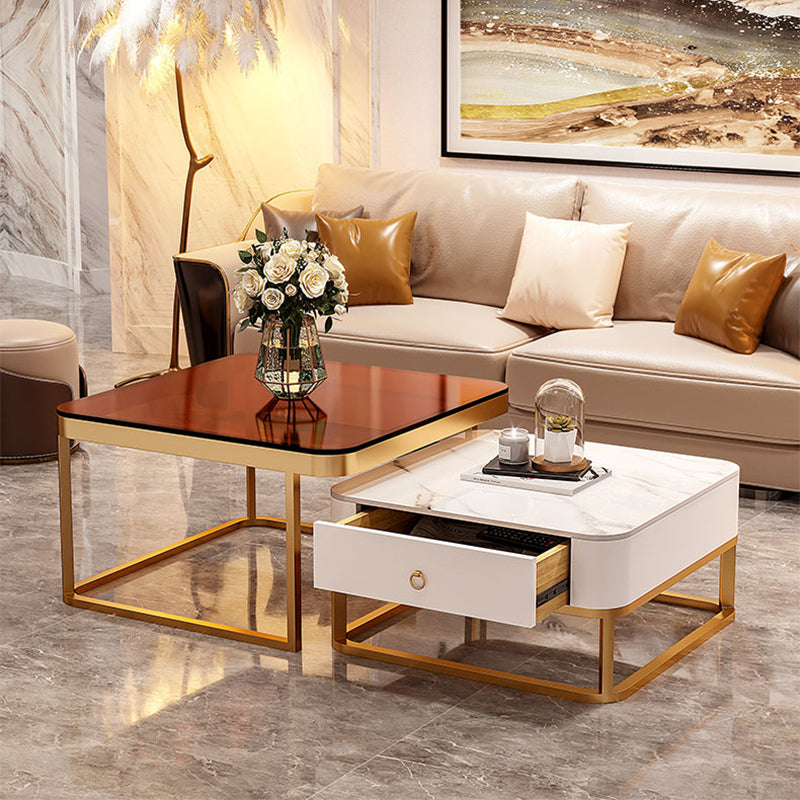 Glam Frame Coffee Table Slate/Glass Top Coffee Cocktail Table with Drawers