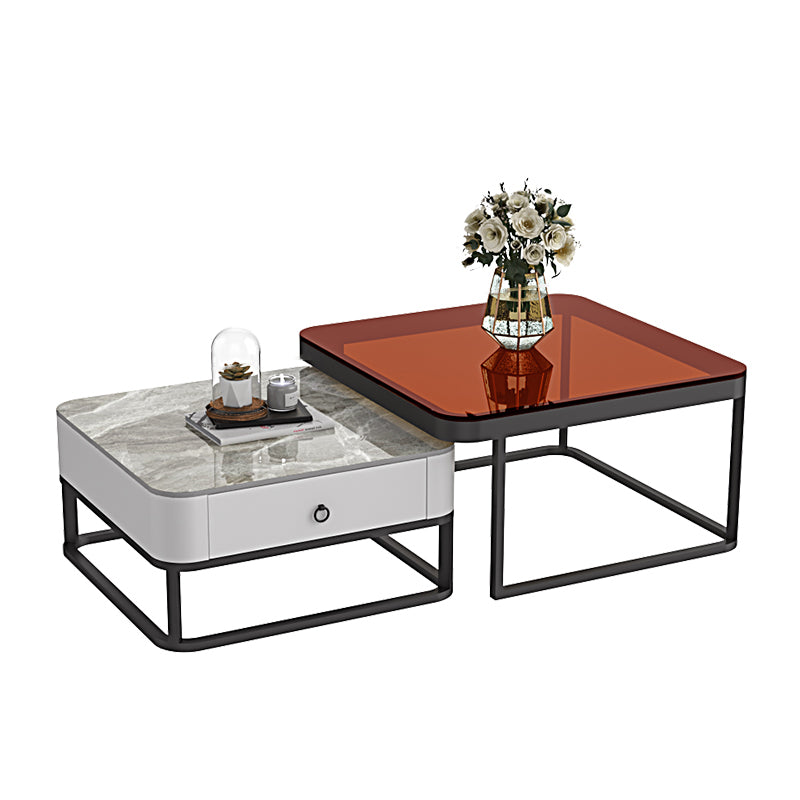 Glam Frame Coffee Table Slate/Glass Top Coffee Cocktail Table with Drawers
