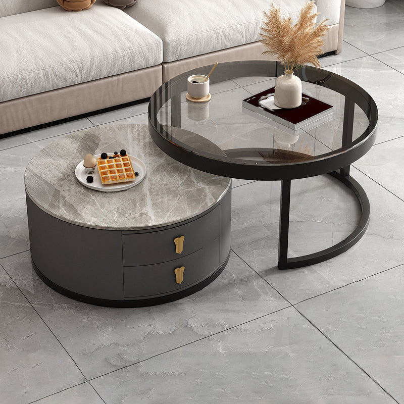 Modern Round Glass Cocktail Table Set Iron Frame Coffee Table with Drawers
