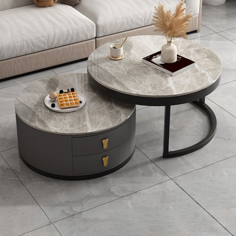 Modern Round Glass Cocktail Table Set Iron Frame Coffee Table with Drawers