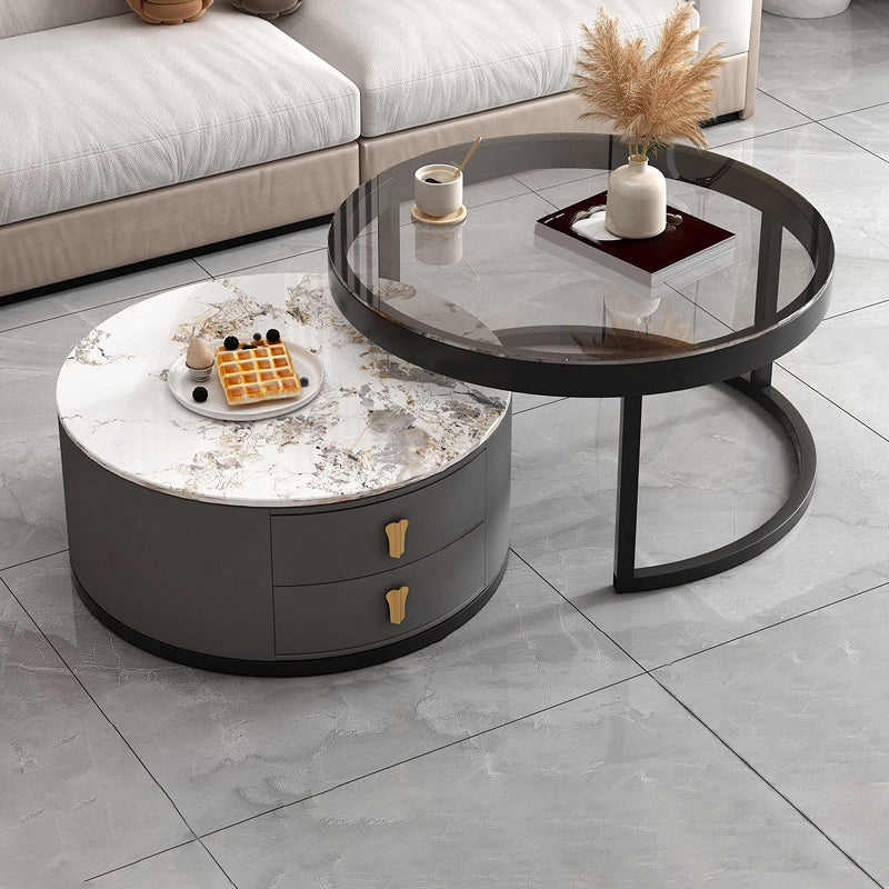 Modern Round Glass Cocktail Table Set Iron Frame Coffee Table with Drawers