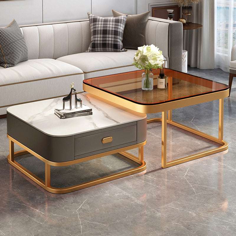Modern 2 Nesting Glass Coffee Table Set Steel Frame Base 1 - Drawer Cocktail Table