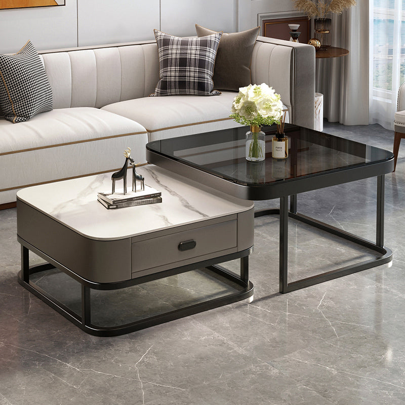 Modern 2 Nesting Glass Coffee Table Set Steel Frame Base 1 - Drawer Cocktail Table
