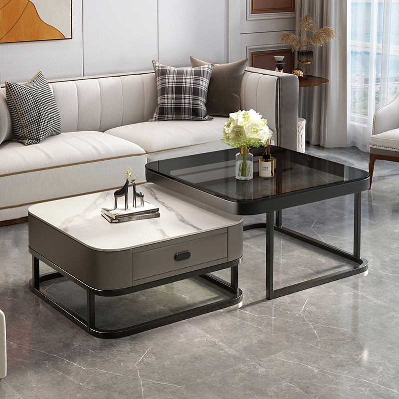 Modern 2 Nesting Glass Coffee Table Set Steel Frame Base 1 - Drawer Cocktail Table