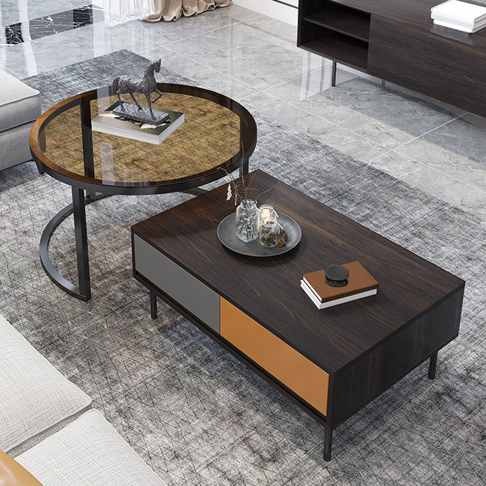 Modern 2 Nesting Coffee Table Set 31.5" W Glass & Wood Cocktail Table with Storage