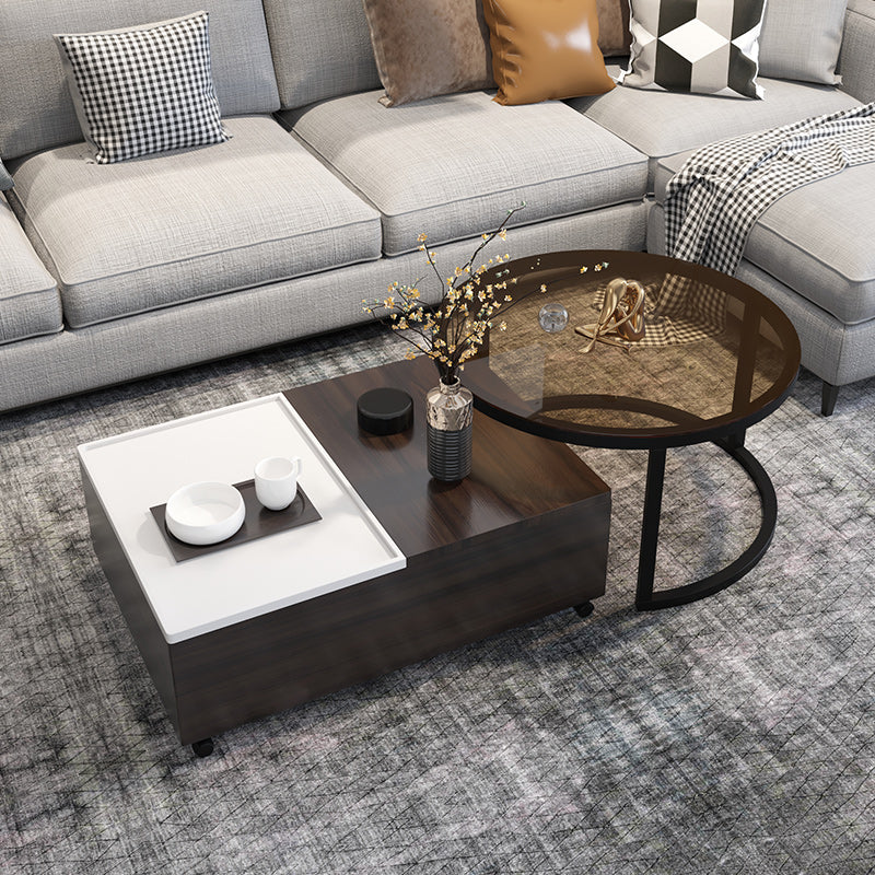 Modern 2 Nesting Coffee Table Set 31.5" W Glass & Wood Cocktail Table with Storage