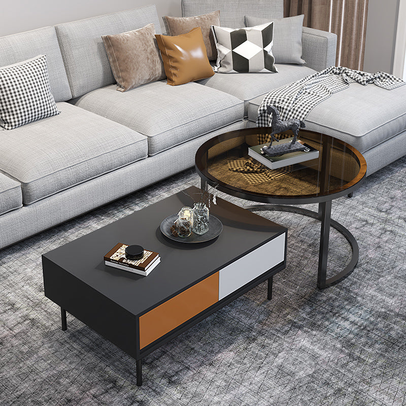 Modern 2 Nesting Coffee Table Set 31.5" W Glass & Wood Cocktail Table with Storage