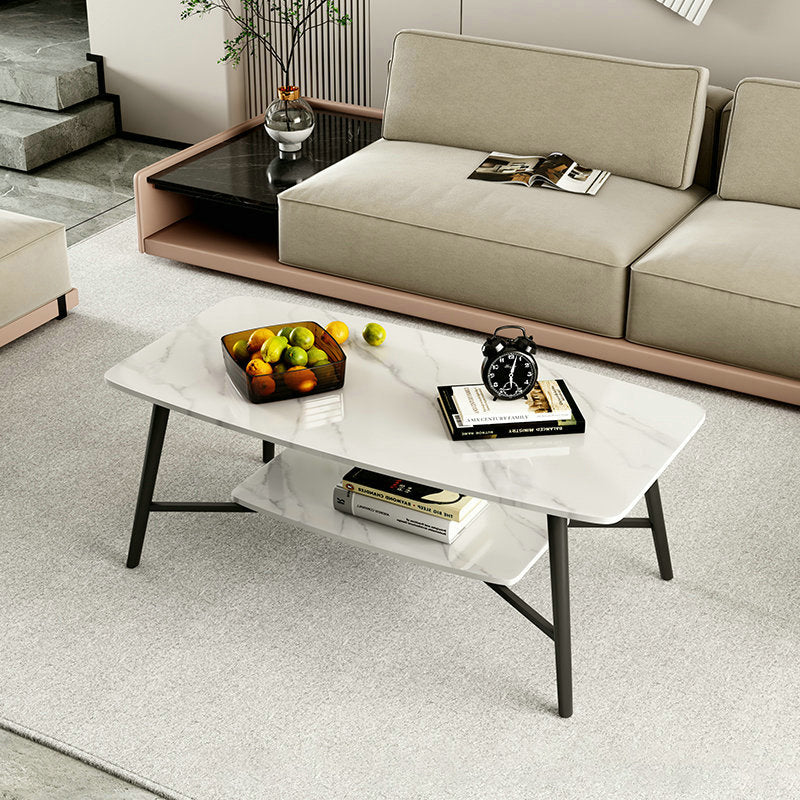 Rectangular Slate Top Coffee Table 4 Legs 1 Single Cocktail Table with Storage Shelf