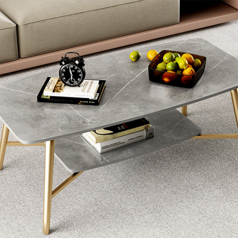 Rectangular Slate Top Coffee Table 4 Legs 1 Single Cocktail Table with Storage Shelf