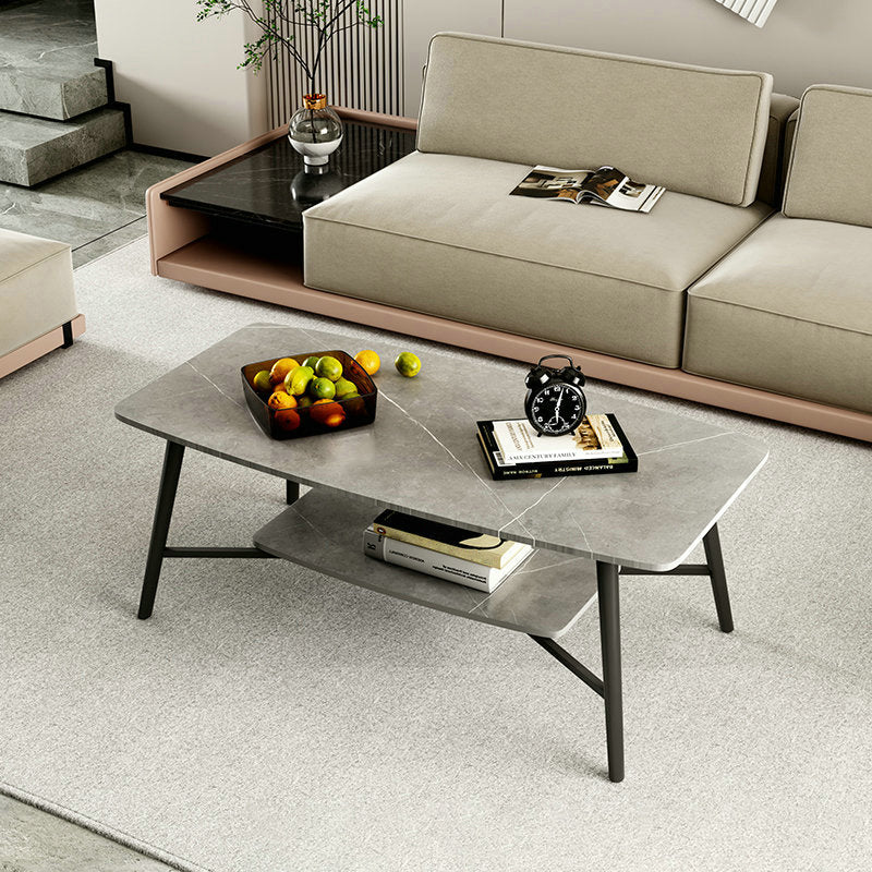 Rectangular Slate Top Coffee Table 4 Legs 1 Single Cocktail Table with Storage Shelf