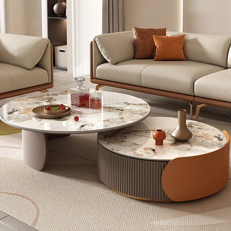 Round Coffee Table Slate Glam Nesting Coffee Table Set with Drawer