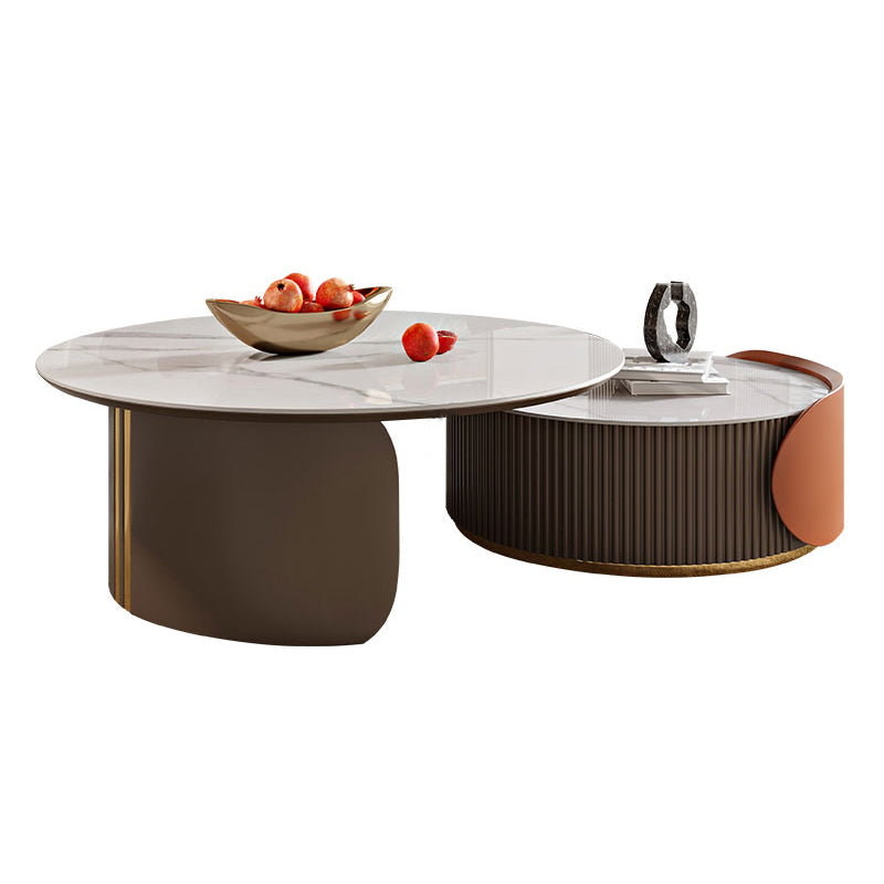 Round Coffee Table Slate Glam Nesting Coffee Table Set with Drawer