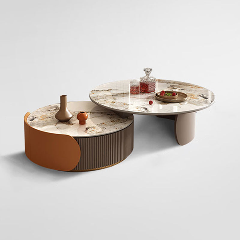 Round Coffee Table Slate Glam Nesting Coffee Table Set with Drawer