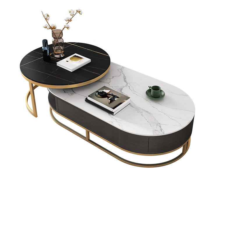 Frame Oval Coffee Table Glam Nesting Coffee Table Set with Drawer