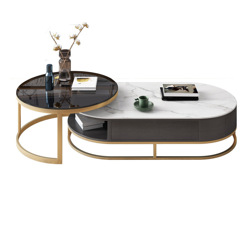 Frame Oval Coffee Table Glam Nesting Coffee Table Set with Drawer